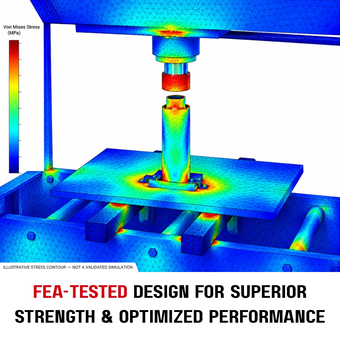 FEA stress contour of the hydraulic press frame and table
