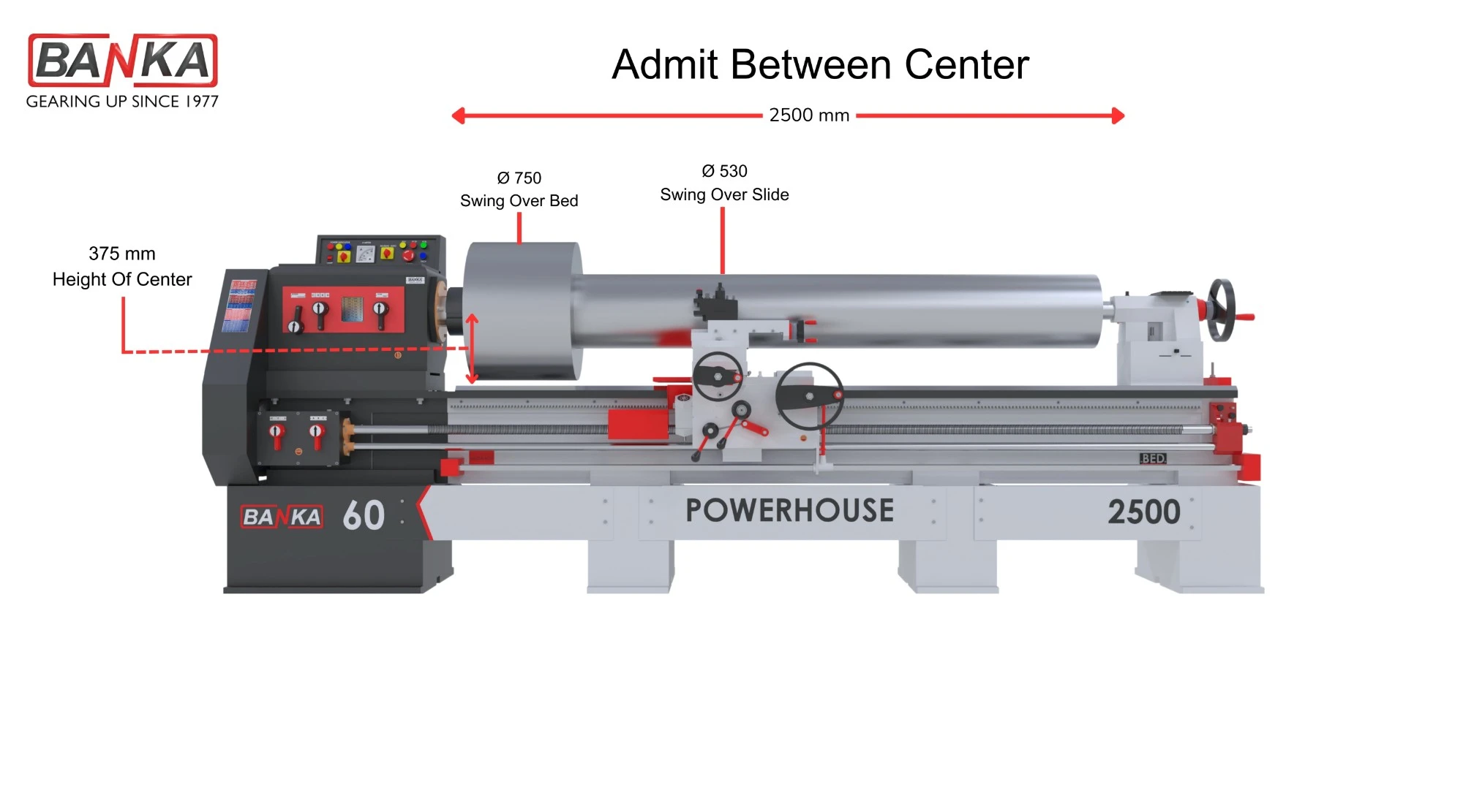BANKA 60-2500 lathe front view: 2500 mm admit between centers, 750 mm swing over bed, 530 mm over slide, 375 mm height of center