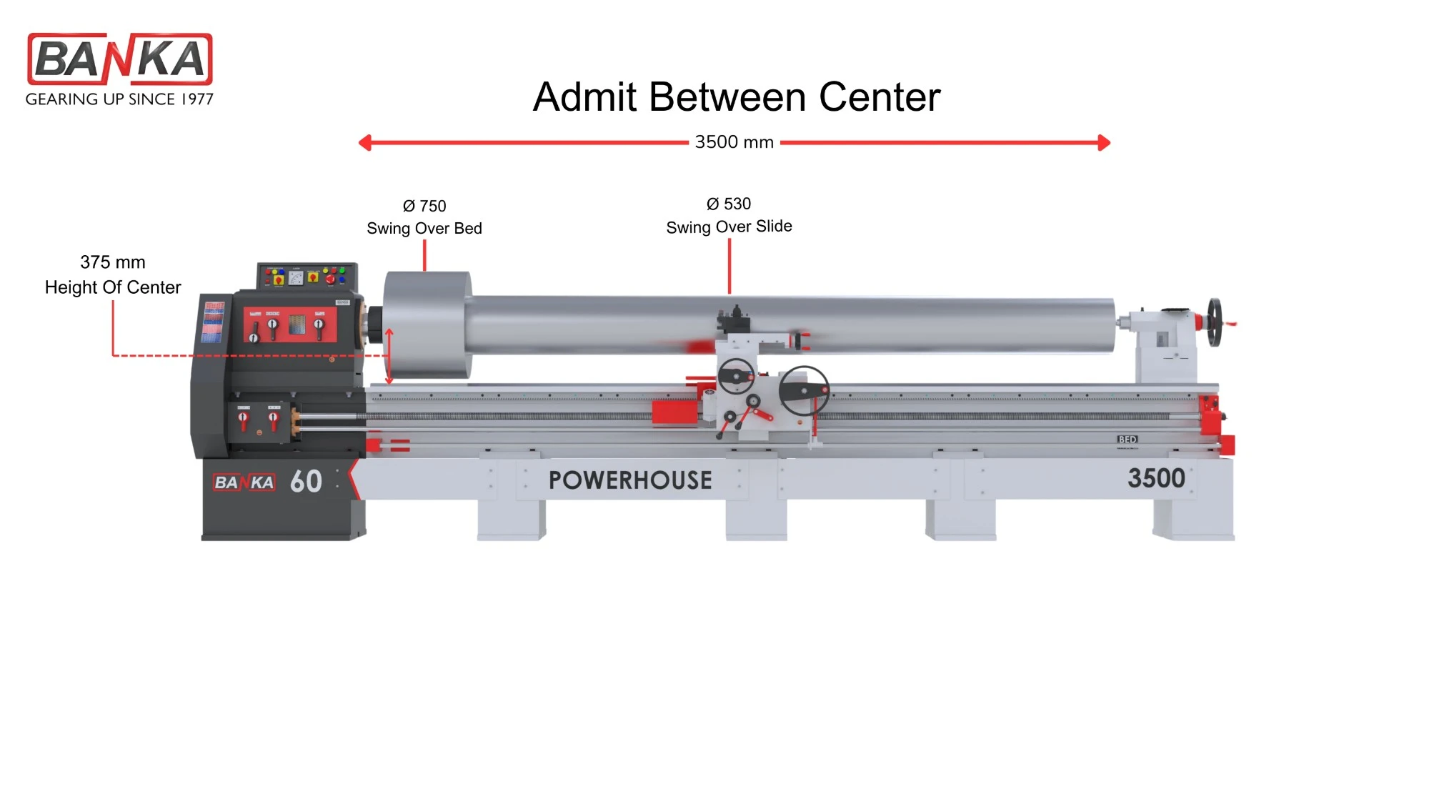 BANKA 60-3500 lathe front view: 3500 mm admit between centers, 750 mm swing over bed, 530 mm over slide, 375 mm height of center
