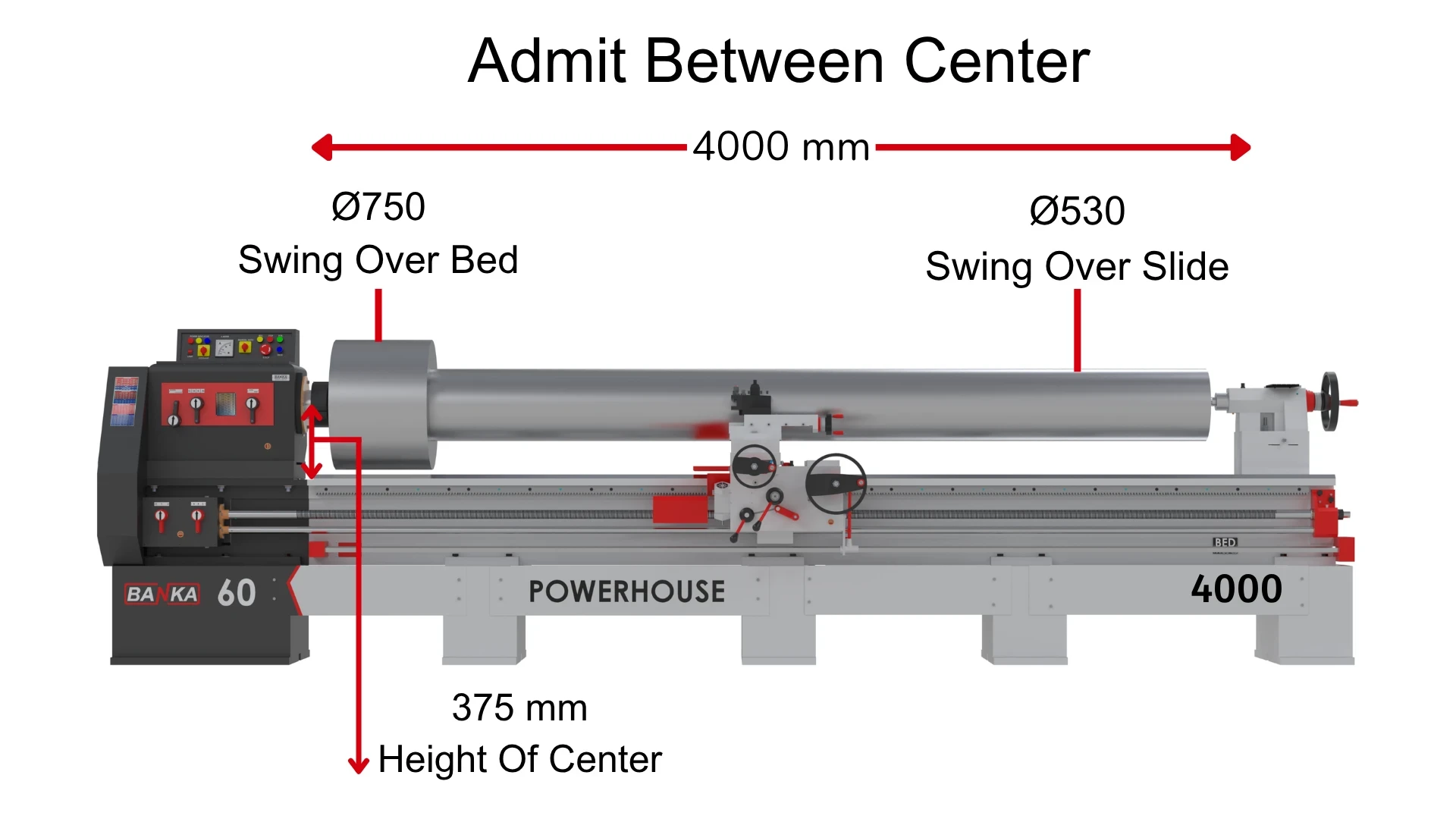 BANKA 60-4000 lathe front view: 4000 mm admit between centers, 750 mm swing over bed, 530 mm over slide, 375 mm height of center
