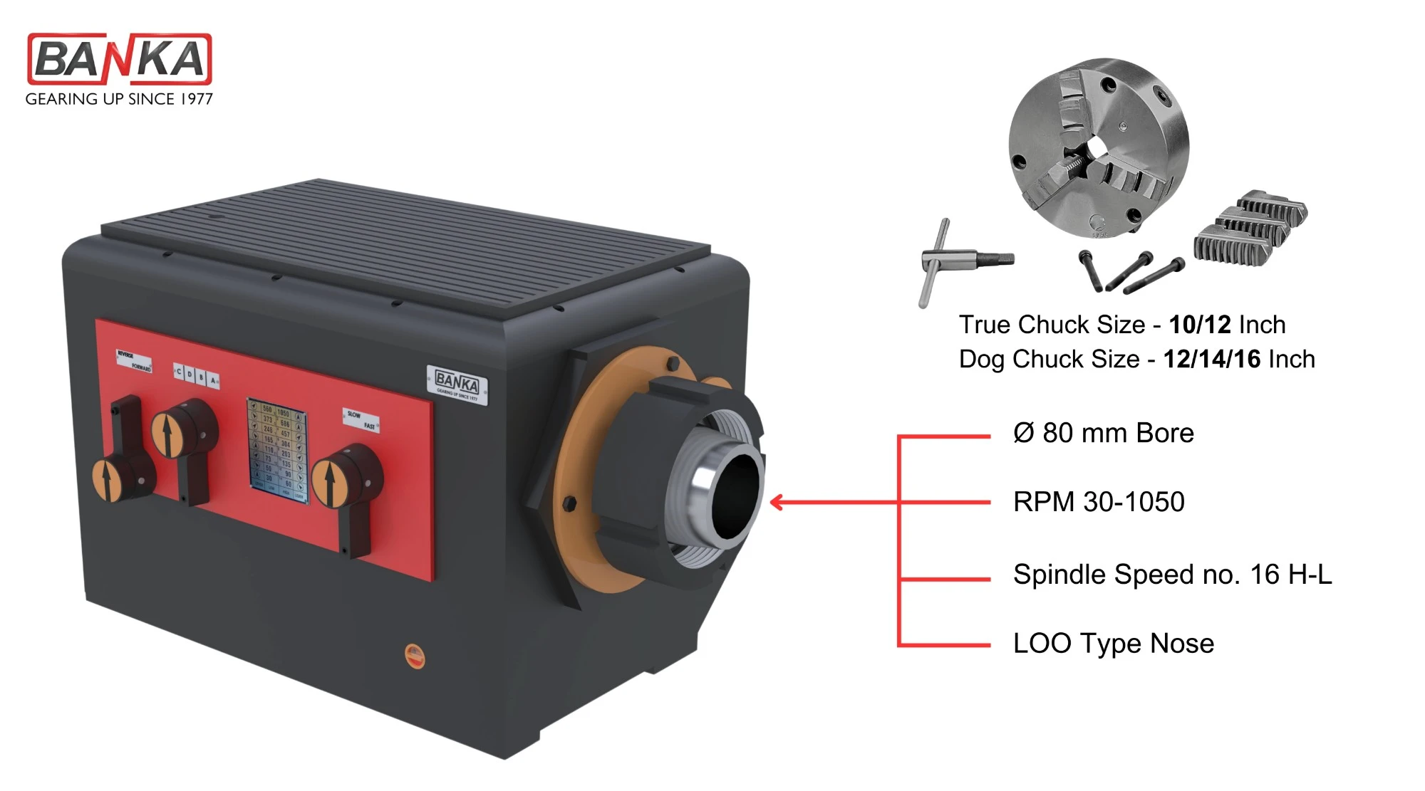BANKA 60 headstock: 80 mm spindle bore, RPM 30-1050, 16 H-L spindle speeds, LOO type nose, 10/12 inch true chuck, 12/14/16 inch dog chuck