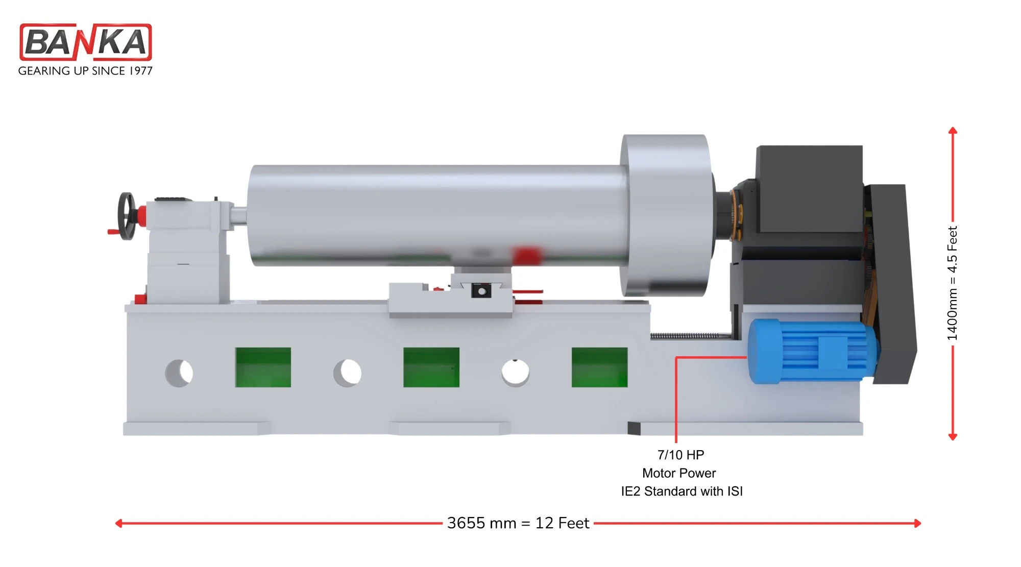 BANKA 90-2300 lathe rear view: 3655 mm (12 feet) length, 1400 mm (4.5 feet) height, 7.5 HP IE2 ISI motor