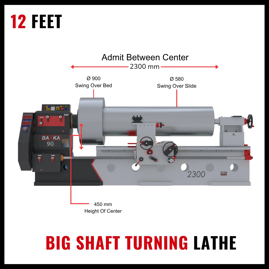 Lathe Machine All Gear 90 – Heavy Duty Big Shaft Turning Lathe – 12 Feet