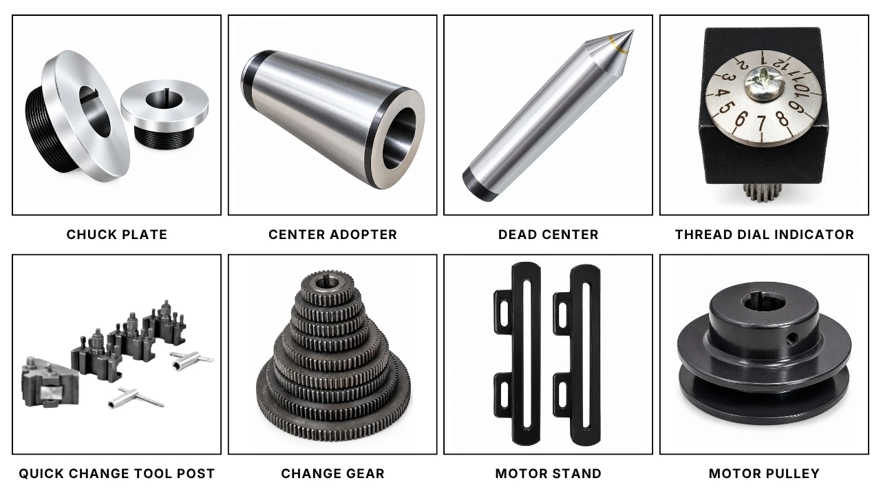 Free accessories: Chuck Plate, Center Adapter, Dead Center, Thread Dial Indicator, Quick Change Tool Post, Change Gear, Motor Stand, Motor Pulley