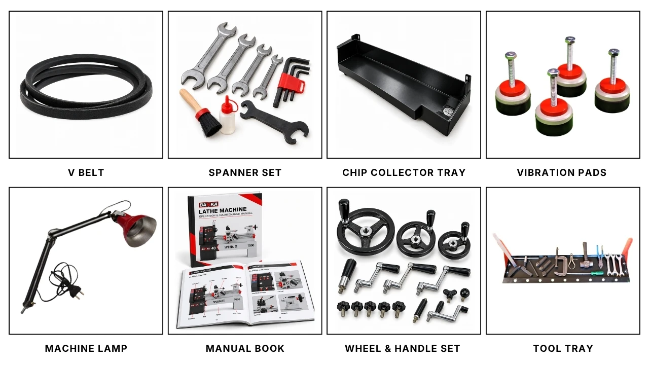 Free accessories: V Belt, Spanner Set, Chip Collector Tray, Vibration Pads, Machine Lamp, Manual Book, Wheel & Handle Set, Tool Tray