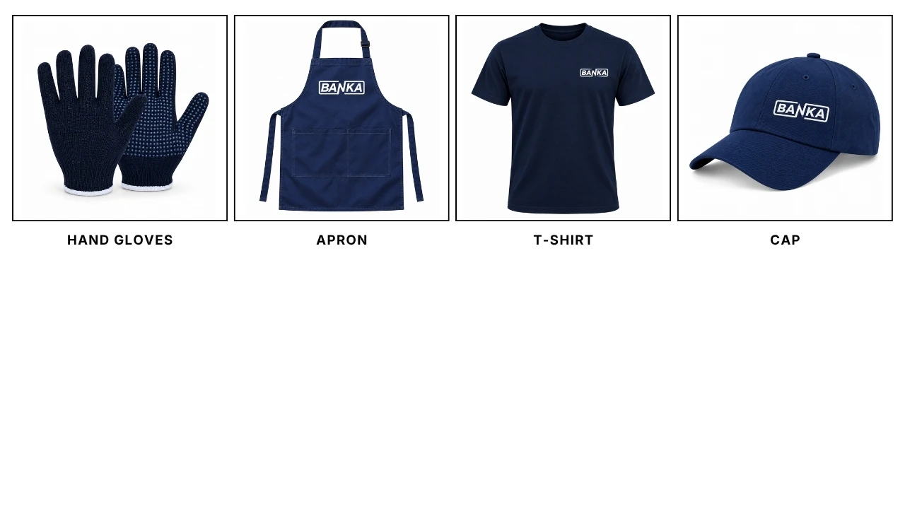 Free accessories: Hand Gloves, Apron, T-Shirt, Cap
